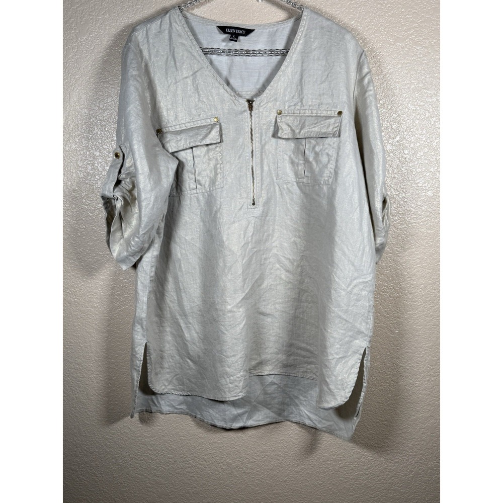 Ellen Tracy Top Sandstone 100% Linen Sz L Tunic Roll Tab Sleeve Beige Gold Zip